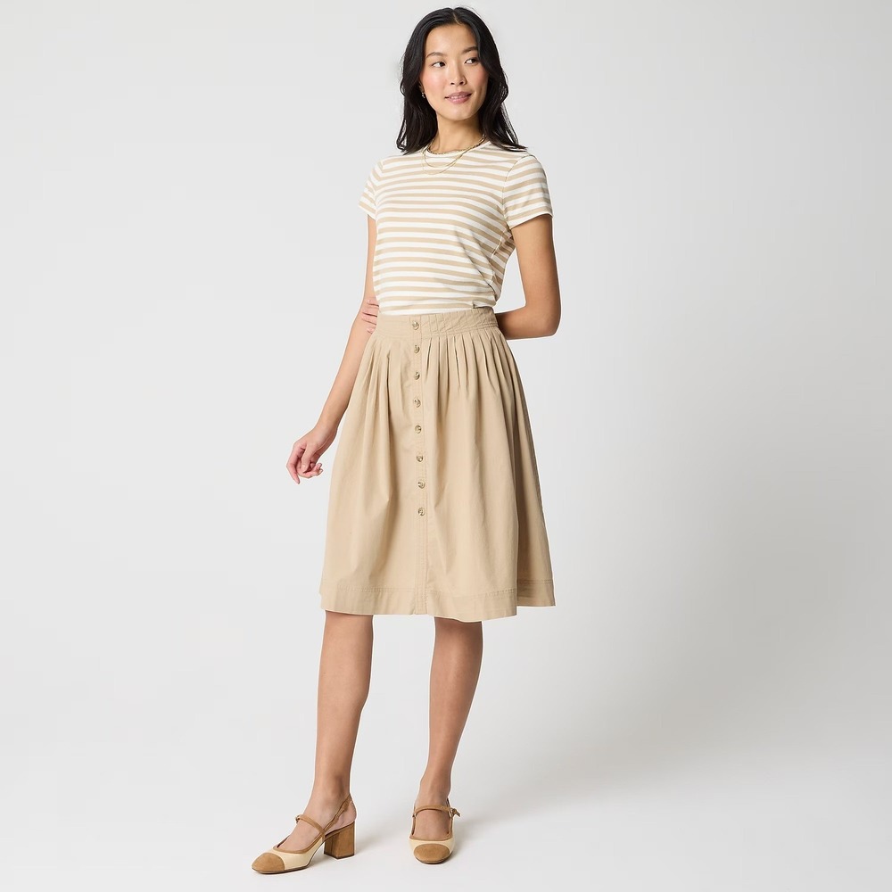 J. Crew Womens Khaki Tan Cotton Button Front Pleated Midi Skirt Small CH391 - Picture 2 of 13